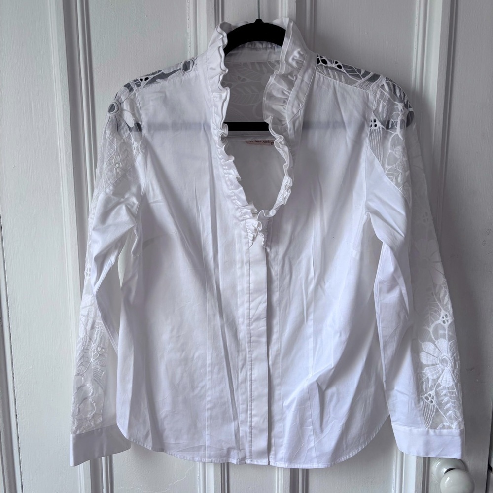 Women’s Soft Surroundings Lace Embellished Button Front Ruffle Collar Blouse M